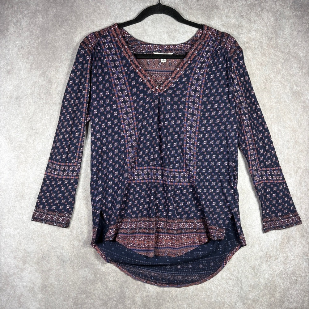 Lucky Brand Shirt Womens Small Blue Floral Knit V-Neck Long Sleeve Boho Festival